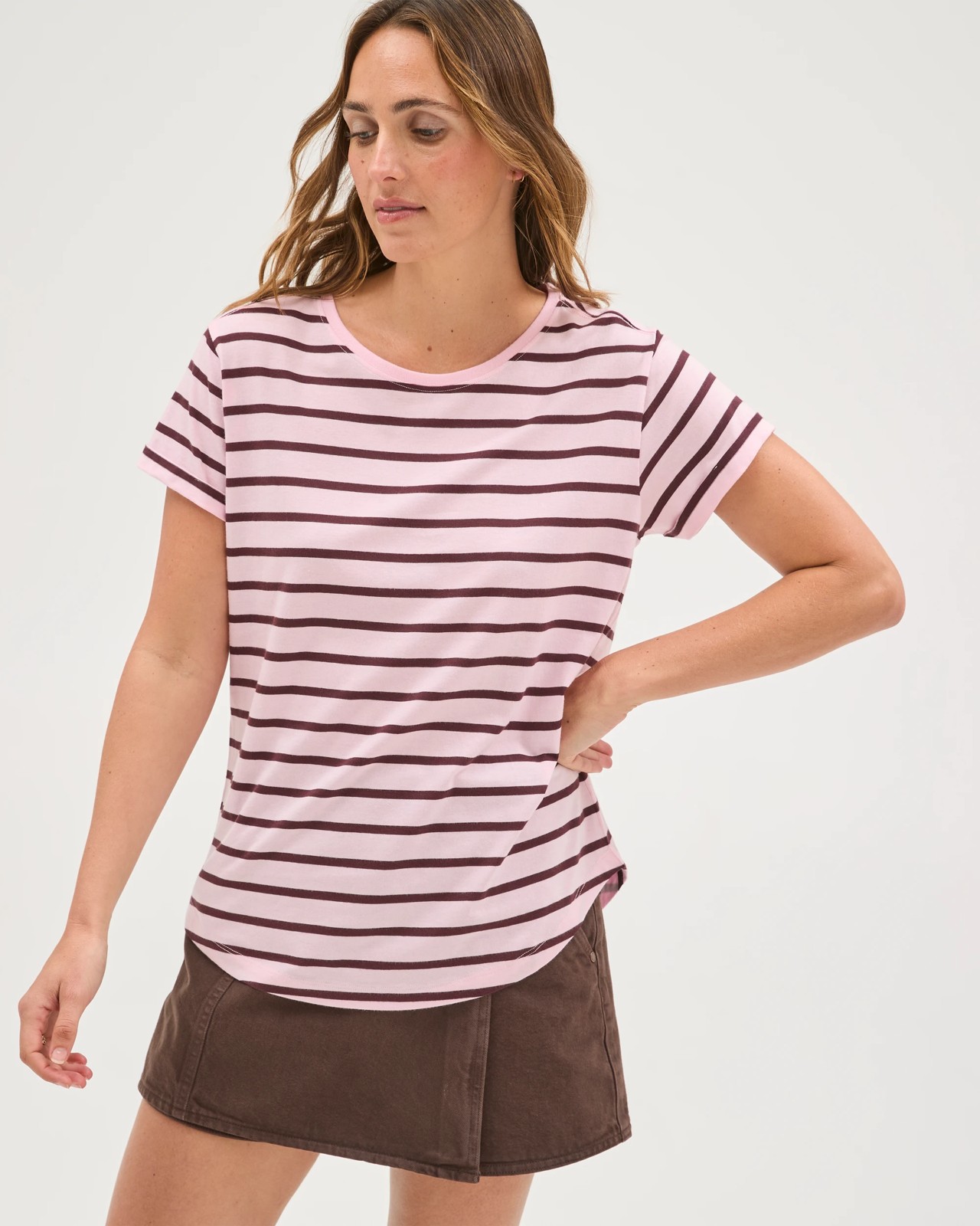 Relaxed Fit Crew Neck T-Shirt - Pink Rose/Merlot Stripe 5 of 6
