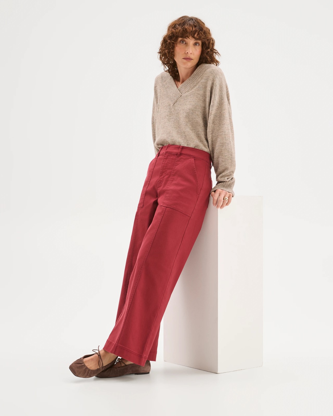 Australian Cotton Blend Stretch Twill Wide Leg Pants - Burnt Crimson 3 of 6