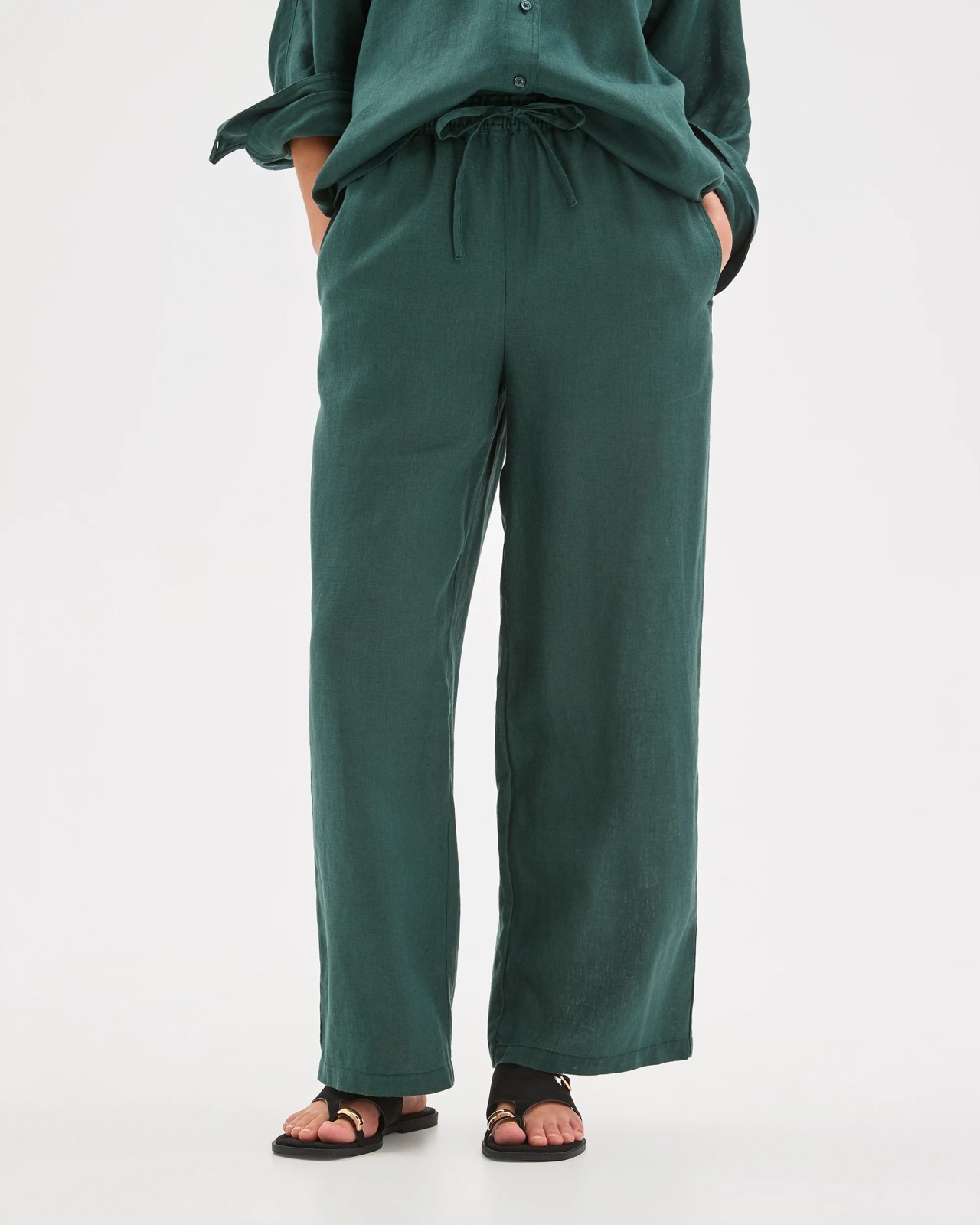 Petites European Linen Straight Leg Pants - Deep Green 4 of 5