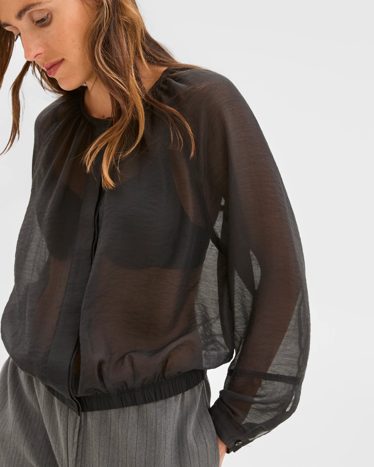 Preview Long Raglan Sleeve Gathered Blouse - Black 5 of 6