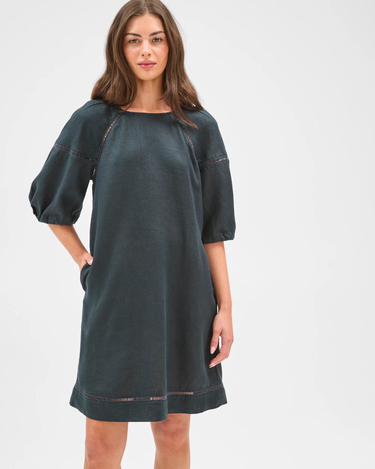 Petites European Linen Trim Detail Mini Dress 2 of 5