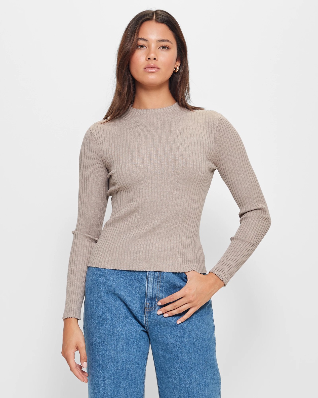 Abbi Long Sleeve Mock Neck Pointelle Knit Sweater Top Taupe – Miss