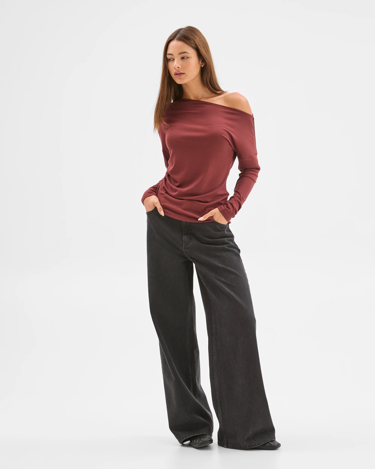 Lily Loves Asymmetrical Boat Neck Skivvy Top - Merlot Burgundy 2 of 5