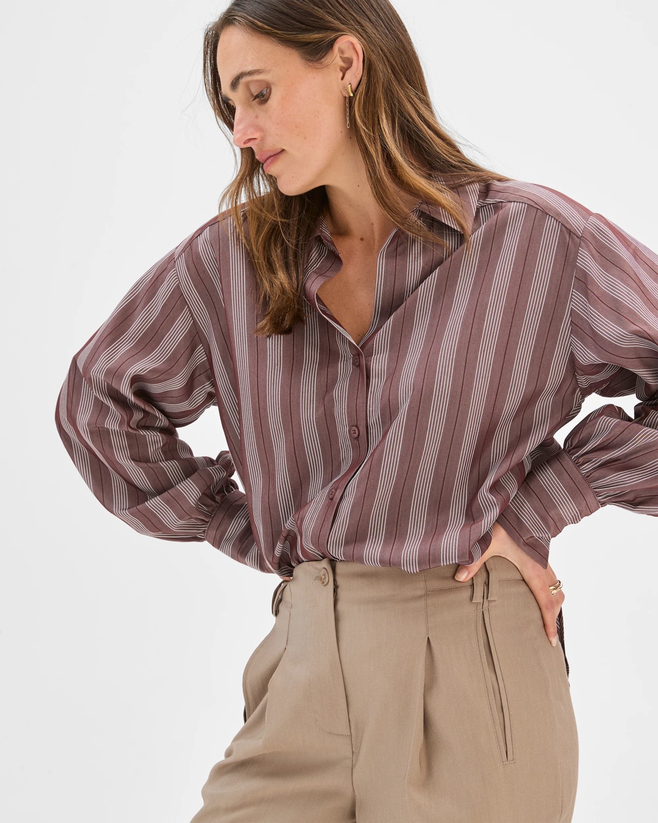 Preview Balloon Sleeve Shirt - Chocolate Stripe 3 of 5