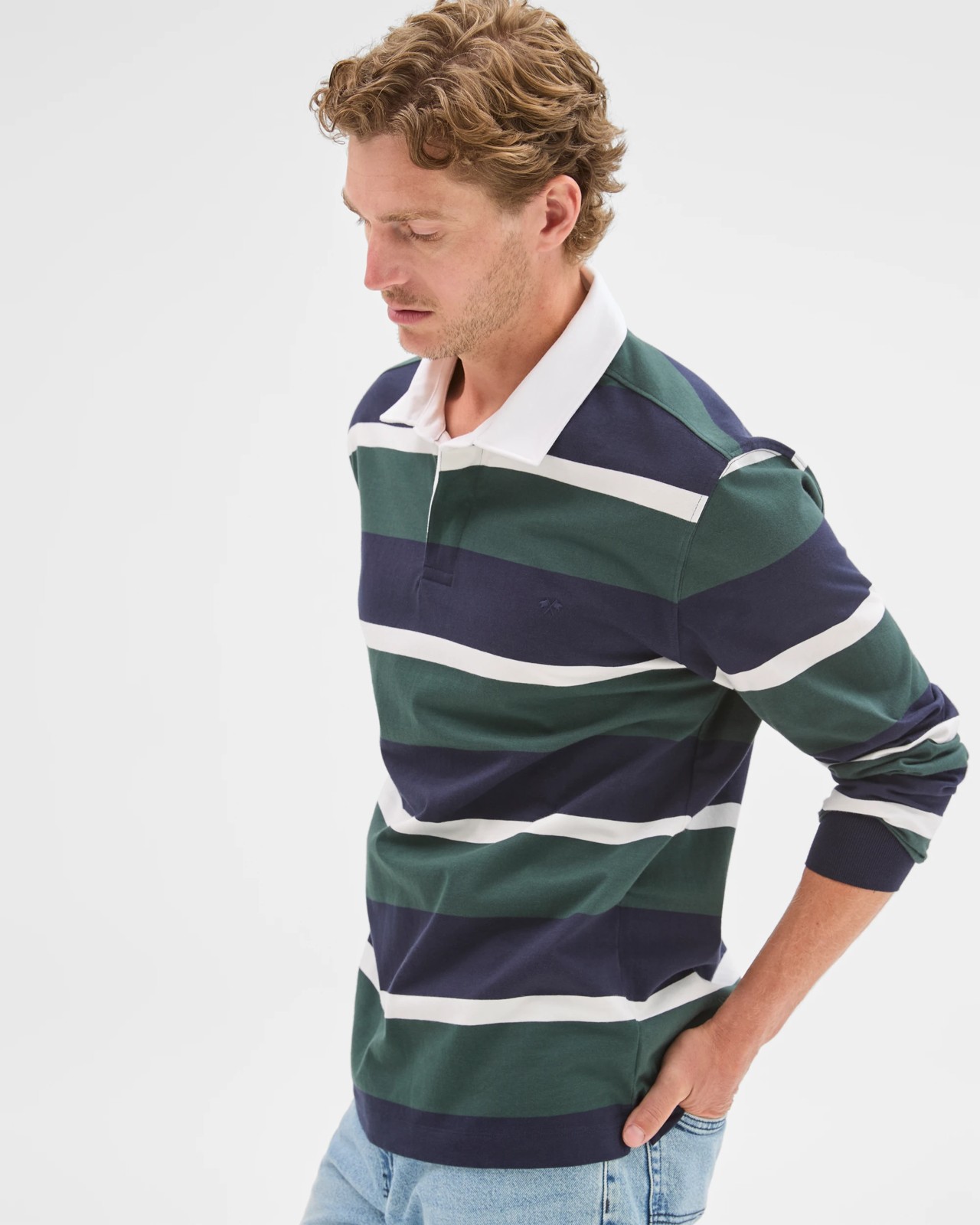 Australian Cotton Long Sleeve Rugby Polo Top - Navy Green Stripe 6 of 6