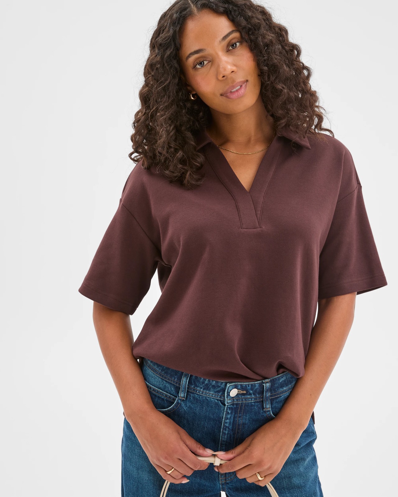 Australian Cotton Blend Interlock Polo Neck T-Shirt - Chocolate Plum 4 of 5