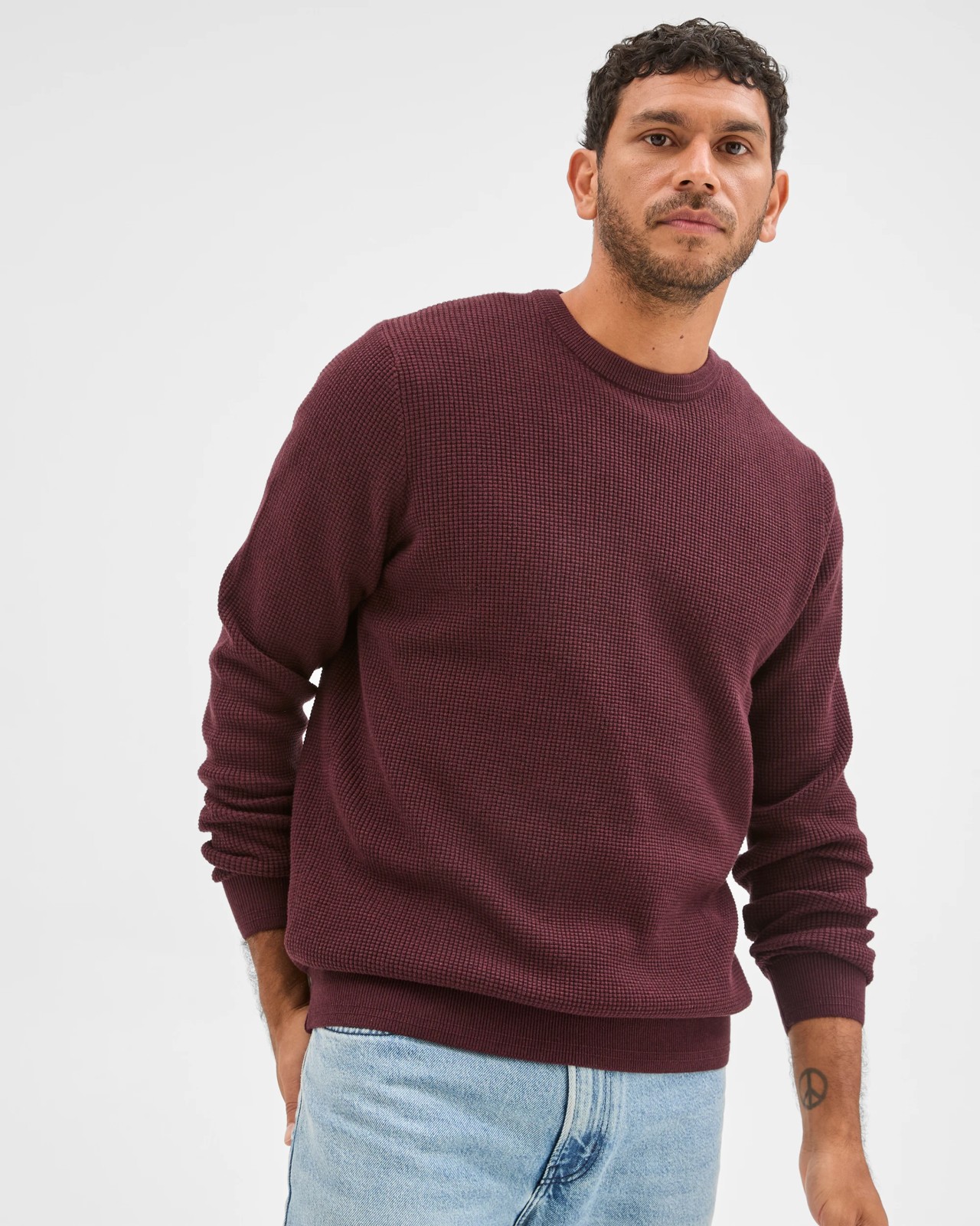Australian Cotton Lightweight Waffle Knit Crew Neck Jumper - Oxblood Marle 4 of 6