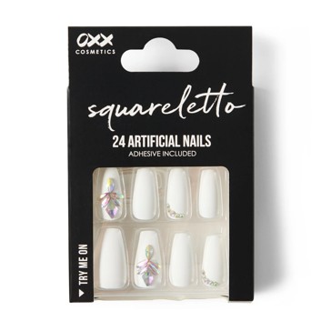 24 Pack Artificial Nails with Adhesive, Squareletto Shape, White Gem - OXX Cosmetics