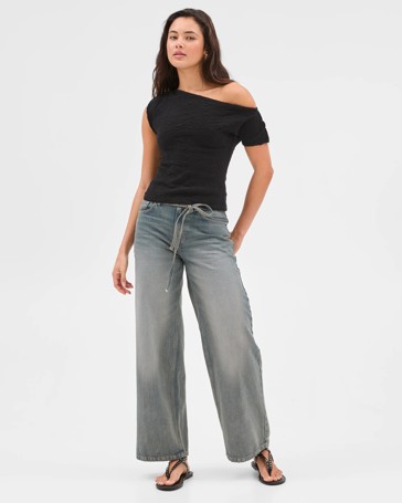 Australian Cotton Blend One Shoulder Textured T-Shirt - Lily Loves
