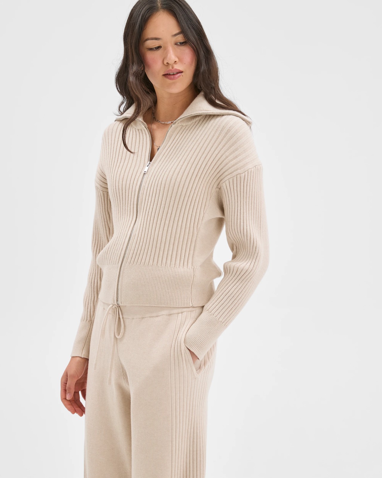 Clean Knit Rib Zip Through Jumper - Birch Marle 3 of 5