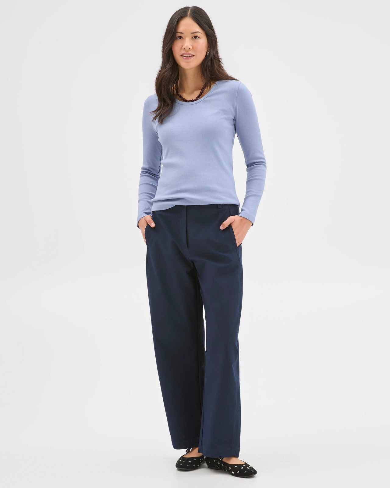 Australian Cotton Long Sleeve Scoop Neck Rib T-Shirt - Bluebell 2 of 5