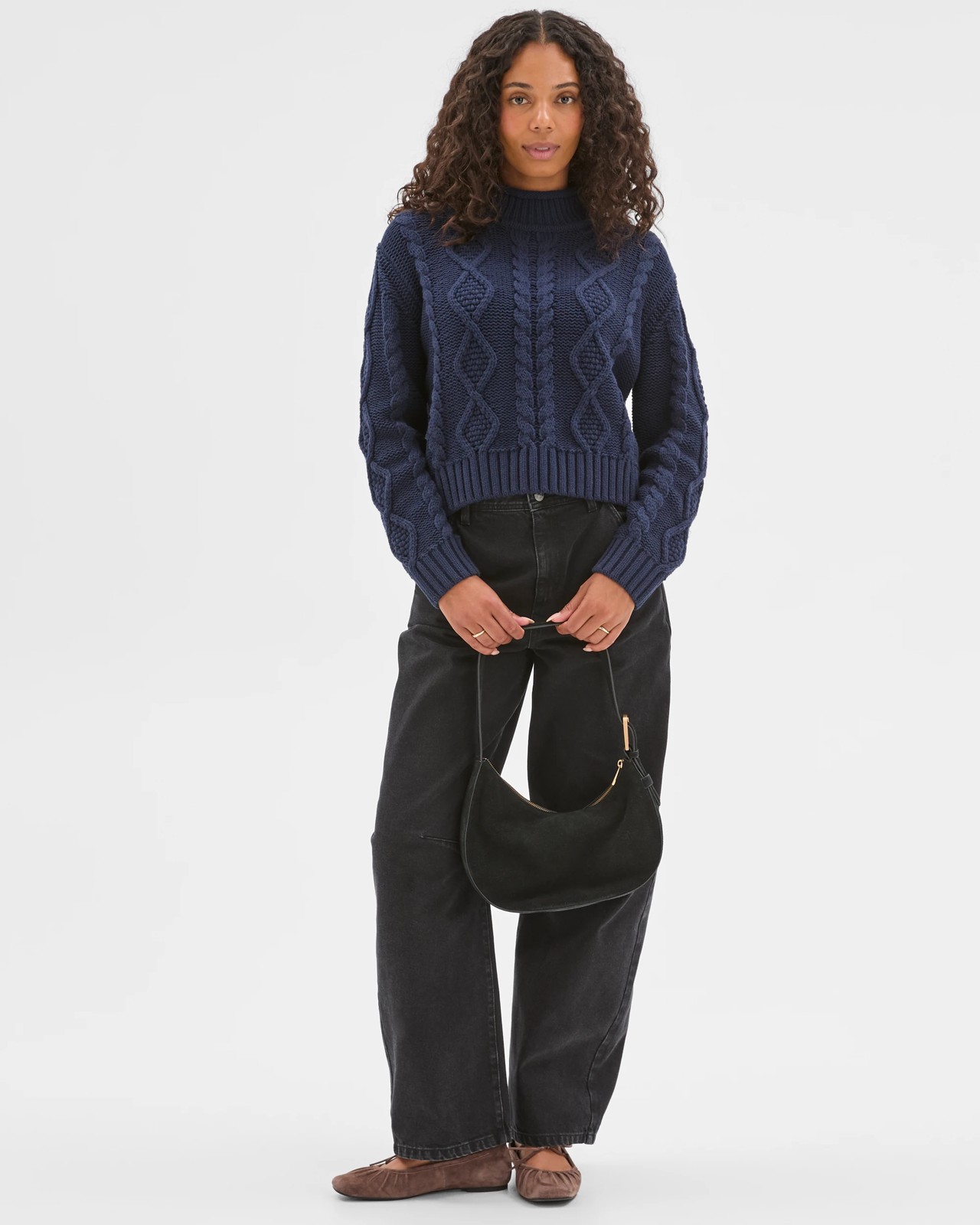 Australian Cotton Blend Roll Neck Cable Knit Jumper - Navy 3 of 5