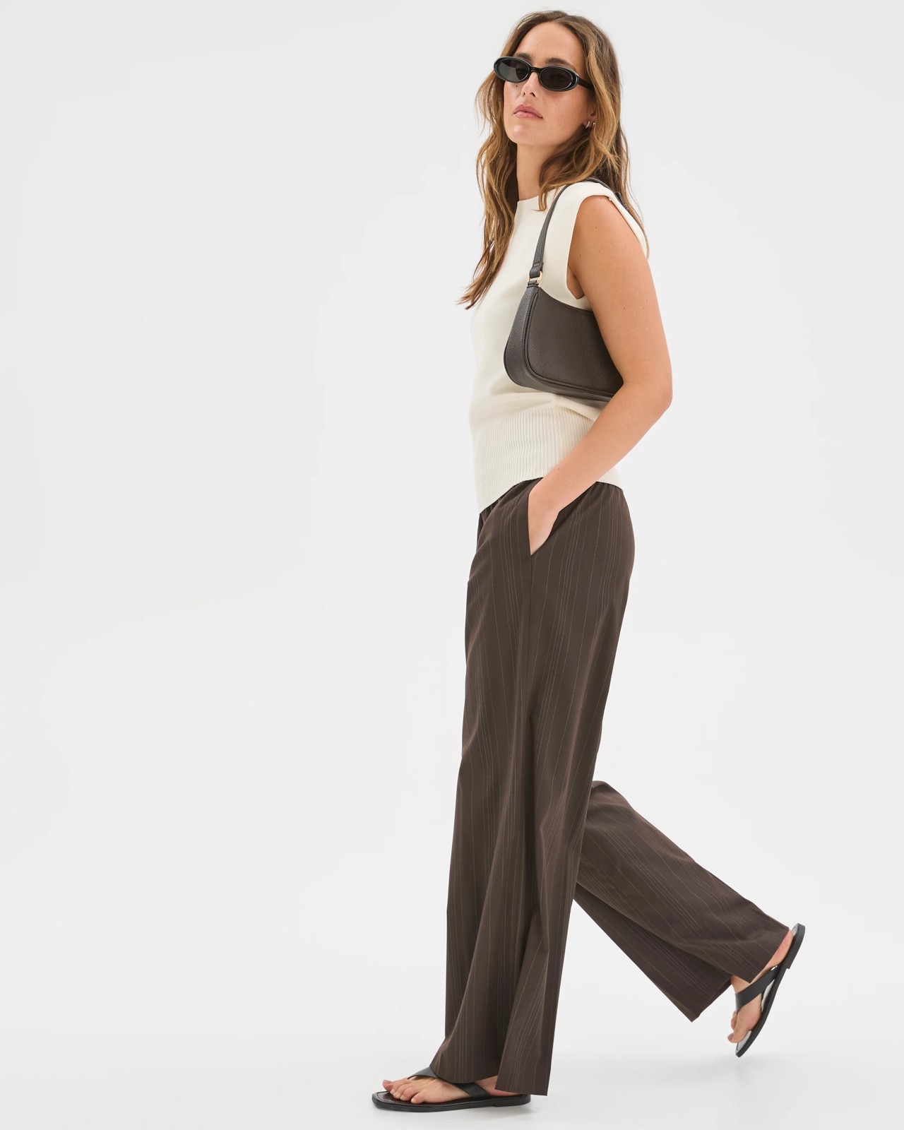 Preview Elastic Waist Tailored Pants - Coffee Bean Broken Stripe 3 of 5
