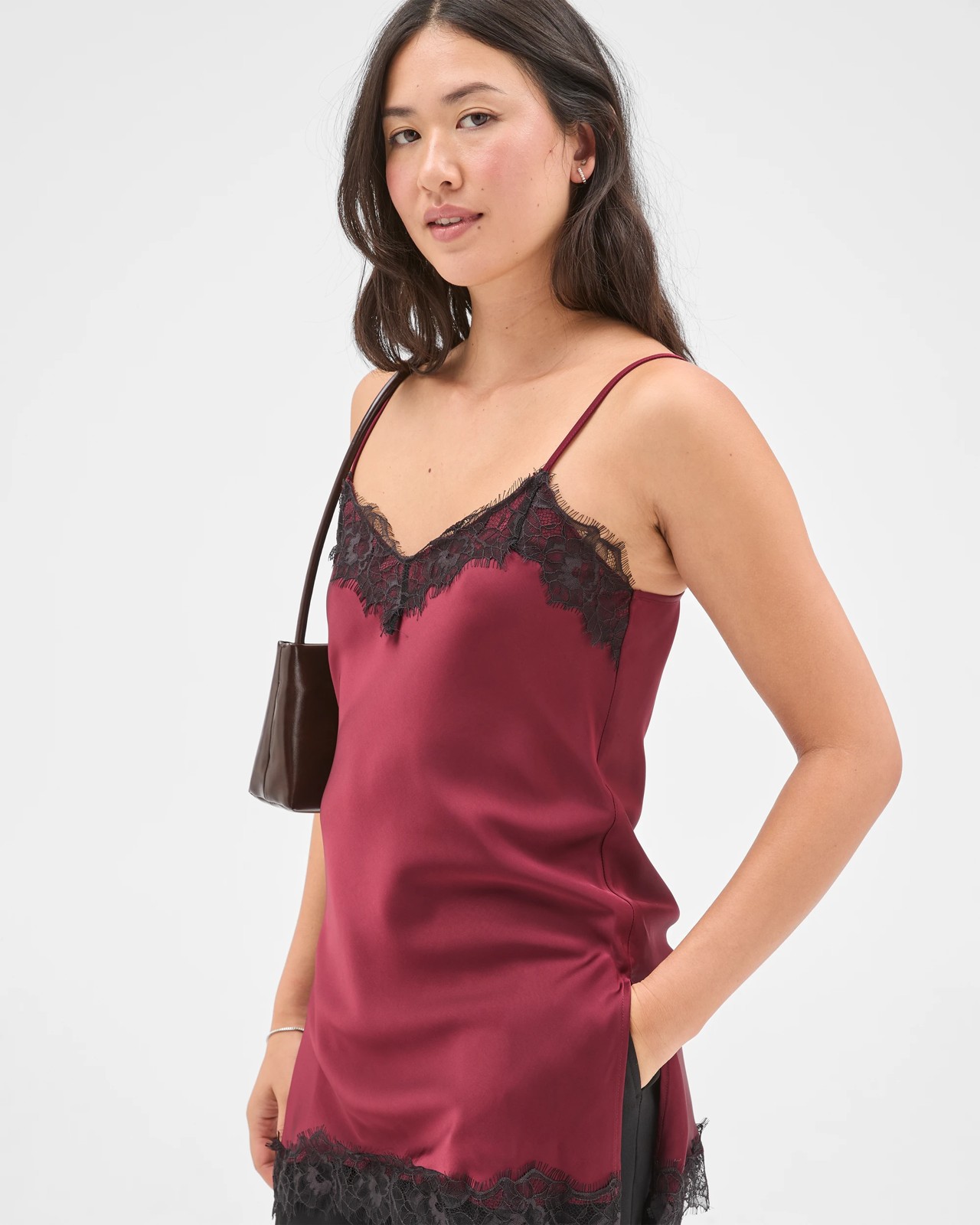 Preview Sleeveless Lace Detail Satin Cami - Sangria 5 of 5