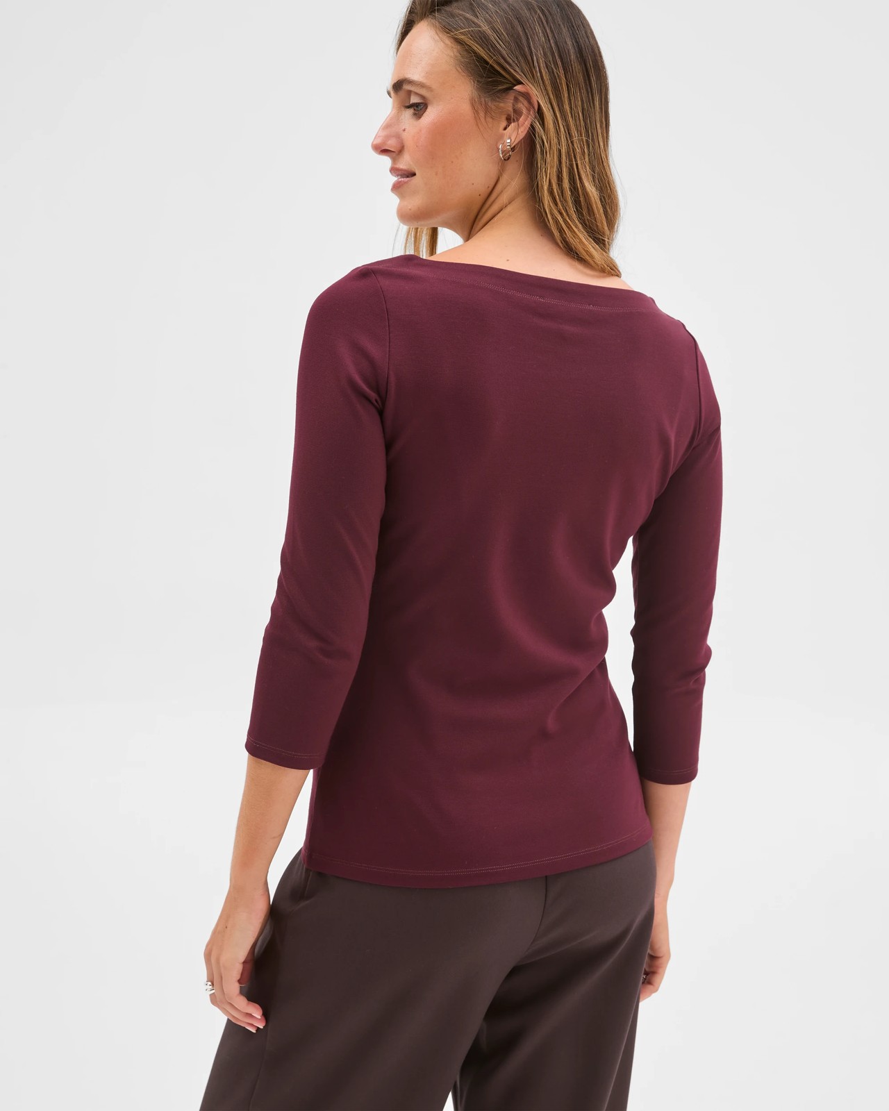 Preview 3/4 Sleeve Boat Neck Ponte T-Shirt - Pinot 4 of 6