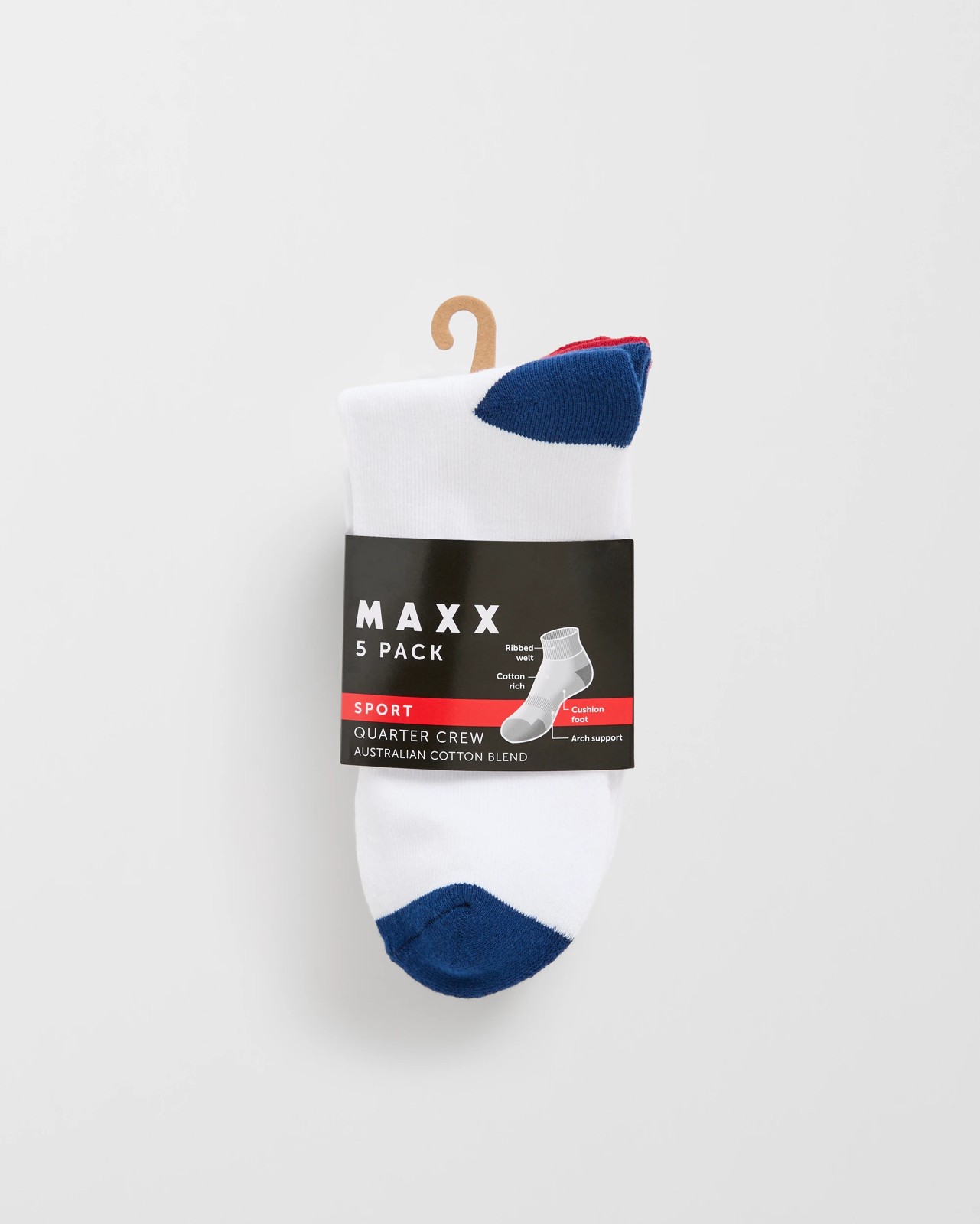Maxx Australian Cotton Blend 5 Pack Quarter Crew Socks - White/Colour Blocking 3 of 3