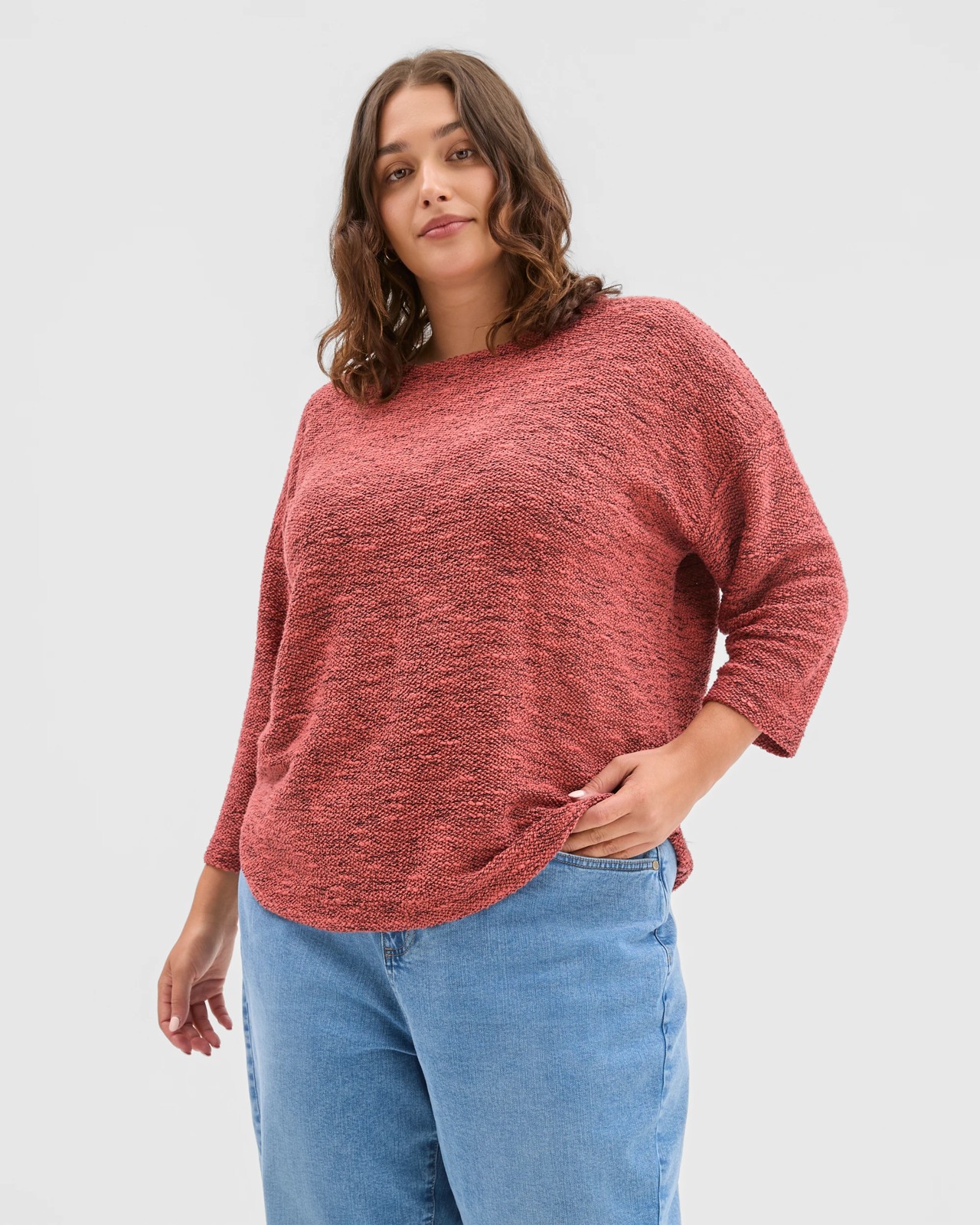 Plus Size Australian Cotton Blend Curved Hem Textured Top - Marsala 3 of 6