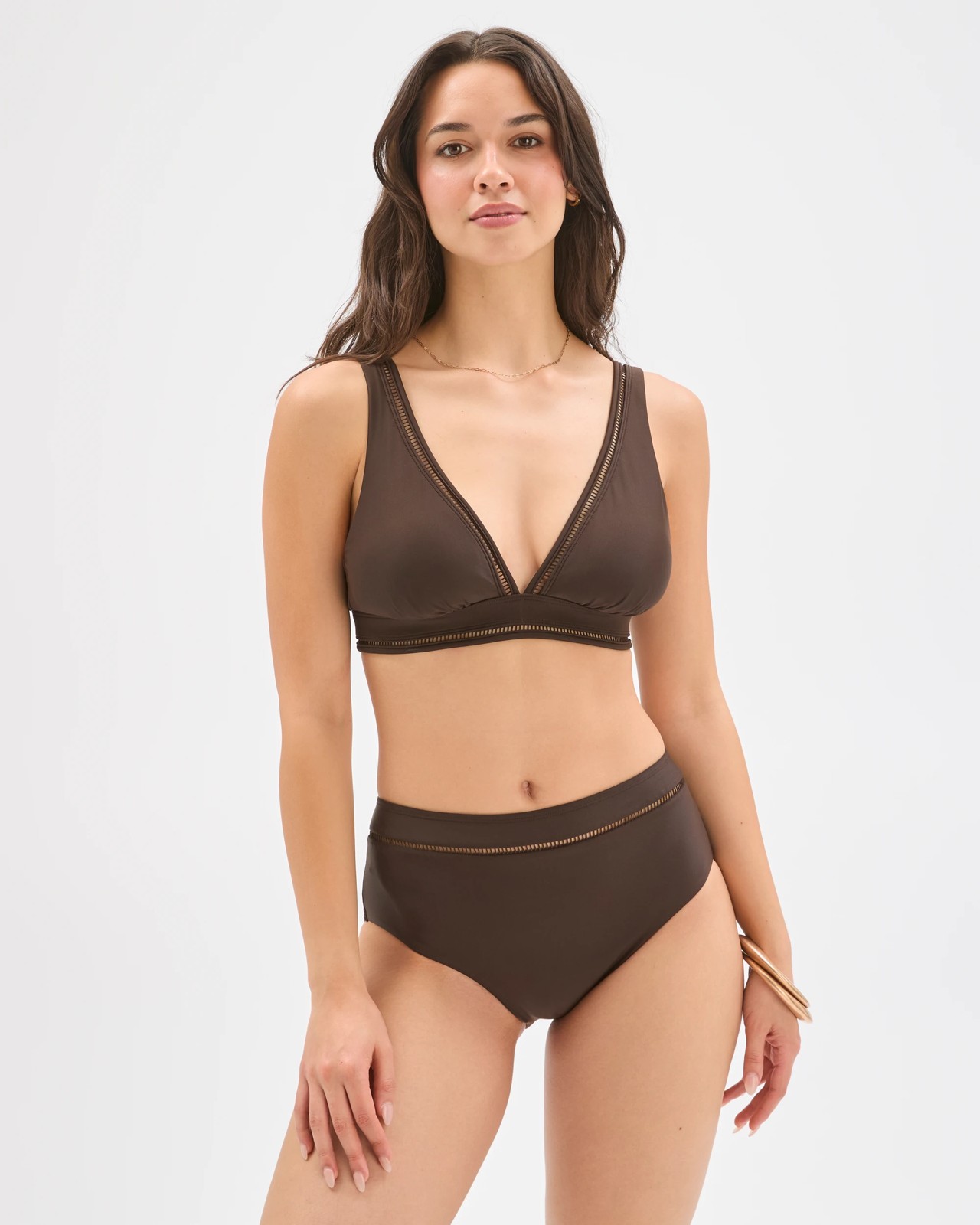 Shape Your Body Resort Ladder Trim V Neck Matte Micro Swim Bikini Top - Cocoa 4 of 5