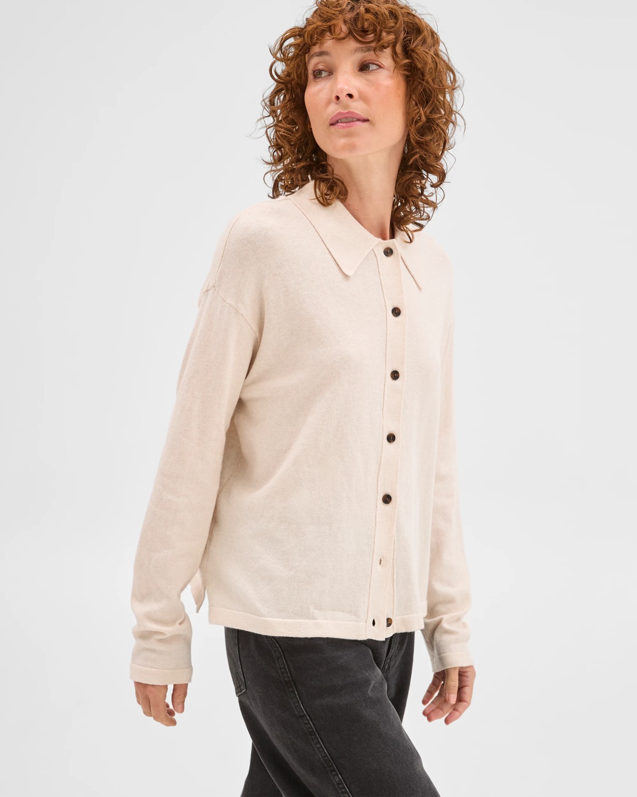 Australian Cotton Blend Knit Polo Collar Cardigan - Pebble 3 of 5