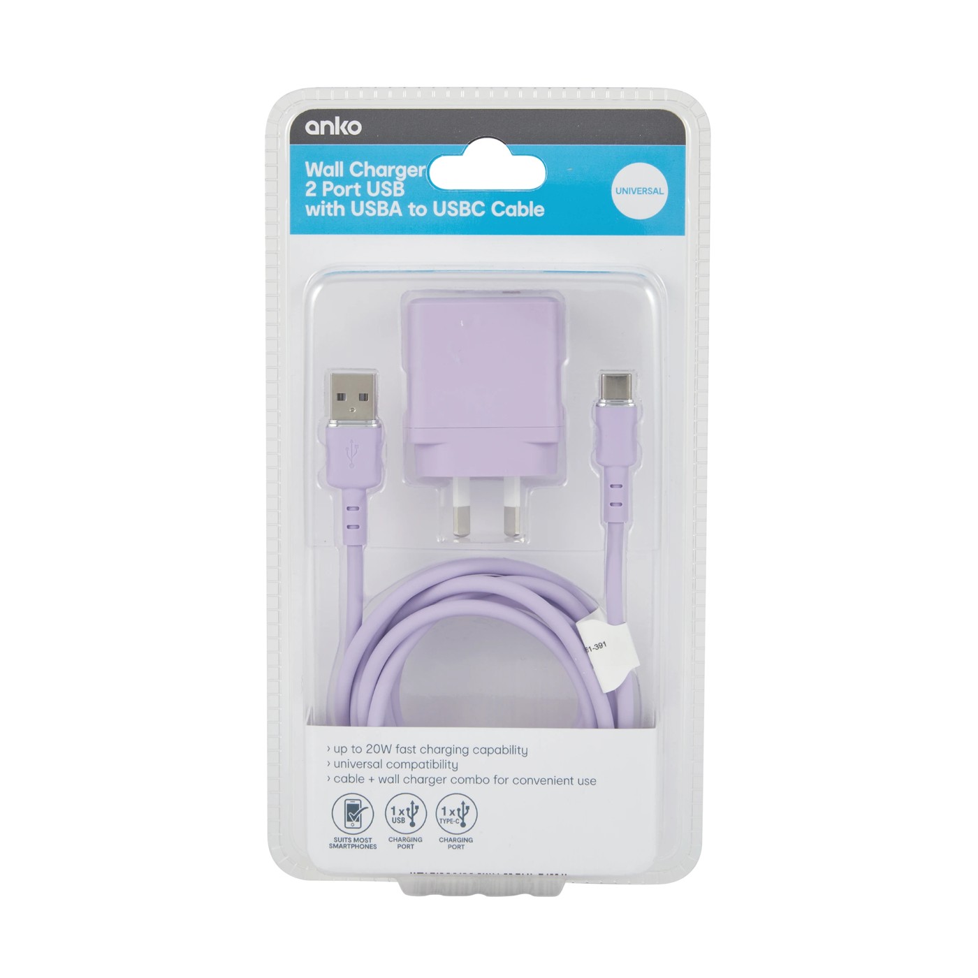 Wall USB Charger with USB-A to USB-C, Purple - Anko 5 of 6