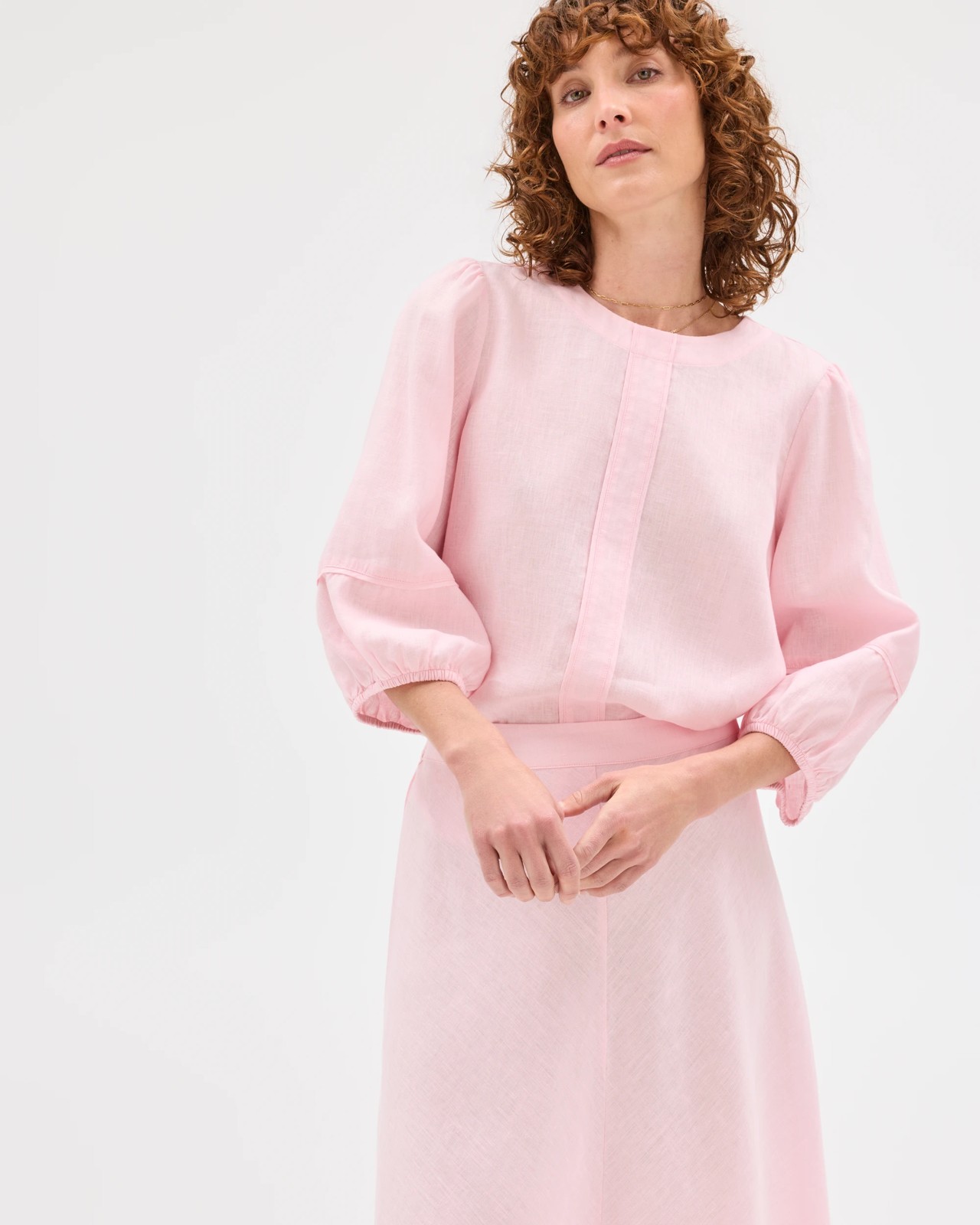 European Linen Seam Detail Midi Skirt - Pink + Rose 4 of 5