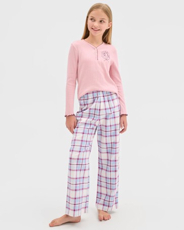 Australian Cotton Older Girls Henley Top and Flannel Pants Pyjama Set