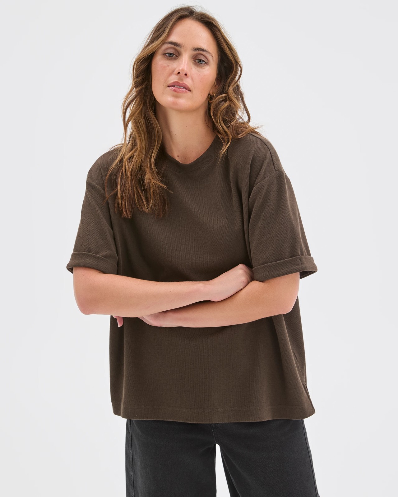 Turnback Cuff Boxy Rib T-Shirt - Coffee Bean 3 of 6