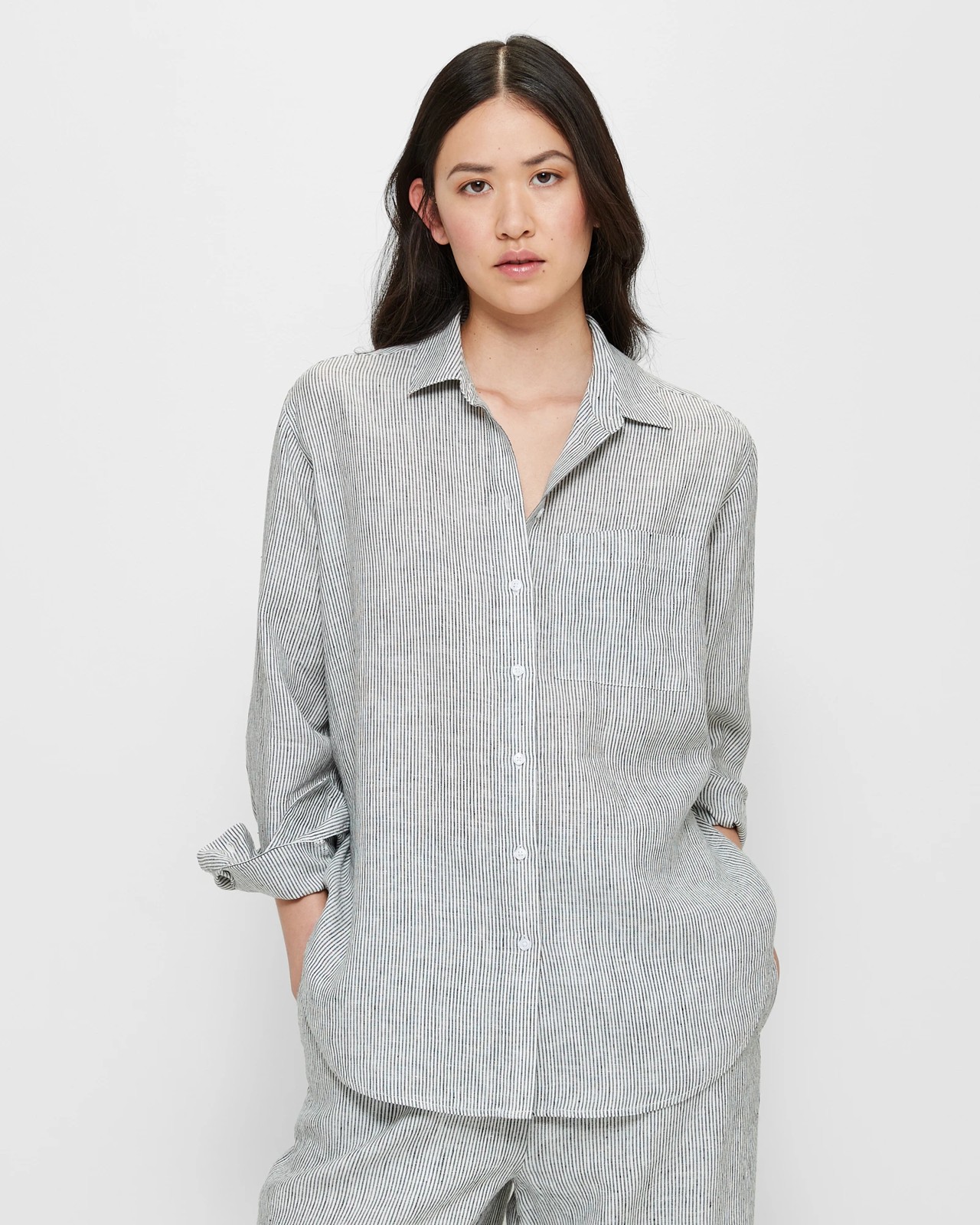 European Linen Long Sleeve Shirt - Black / White Stripe