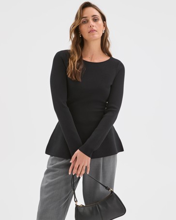 Preview Long Sleeve Peplum Crepe Knit Top