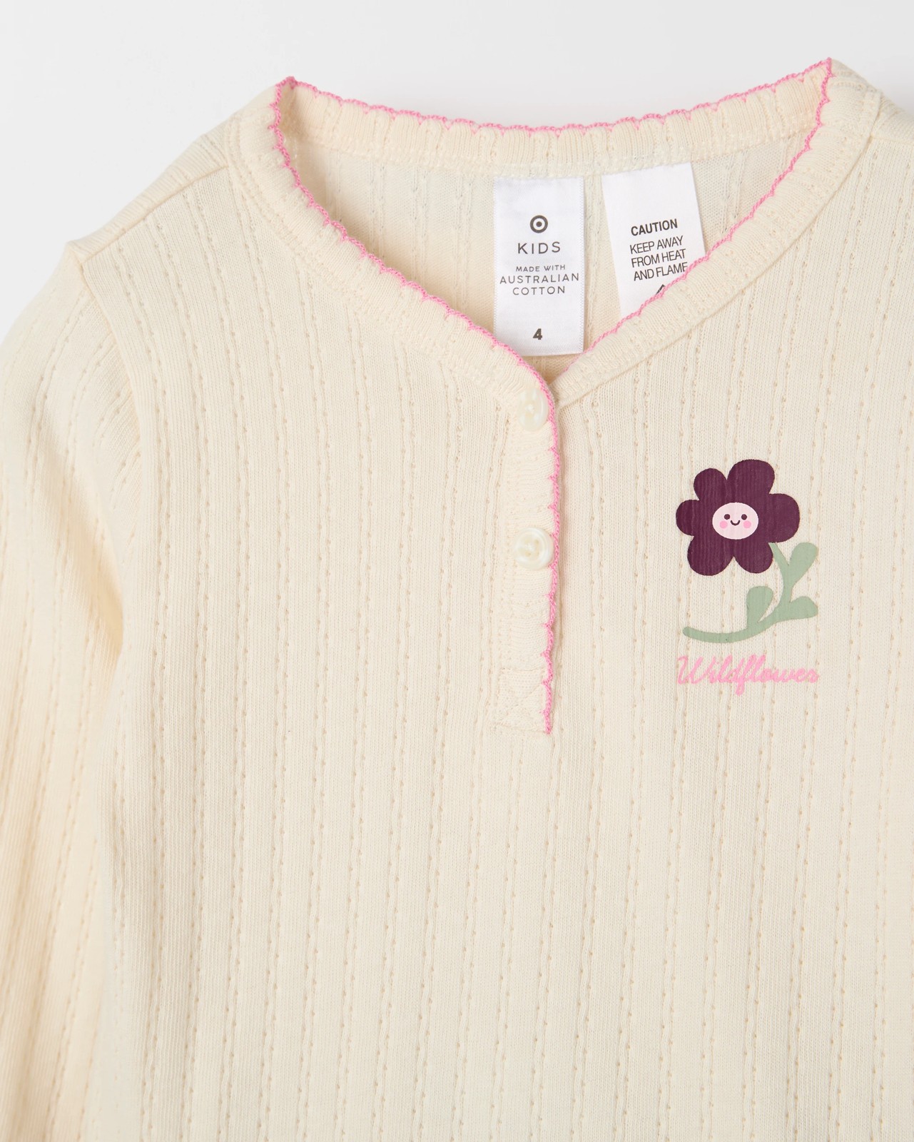 Australian Cotton Younger Girls Henley Top and Flannel Pants Pyjama Set - Flower 2 of 3