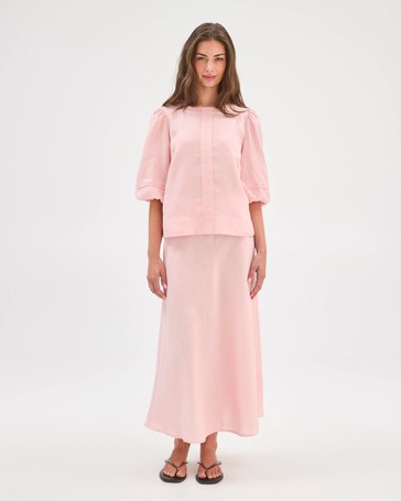 Petites European Linen 3/4 Sleeve Trim Detail Blouse