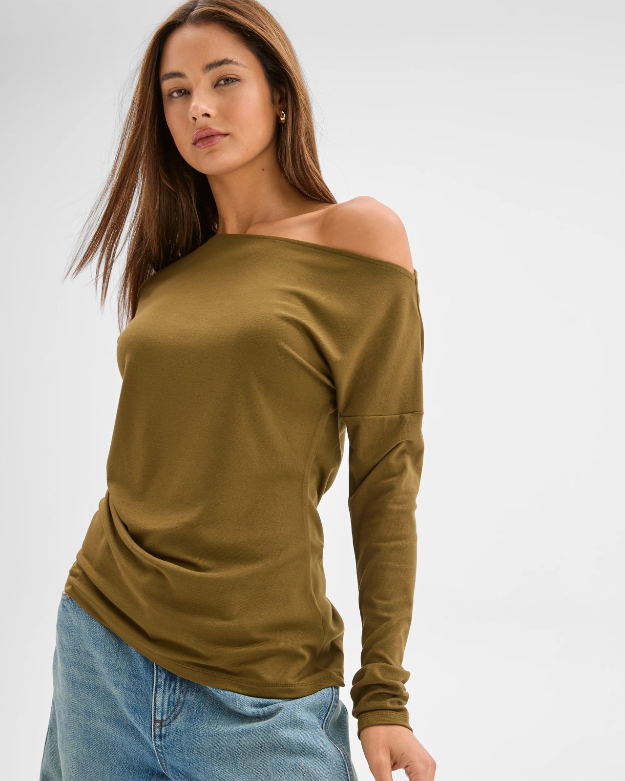 Lily Loves Asymmetrical Boat Neck Skivvy Top - Deep Moss 3 of 6
