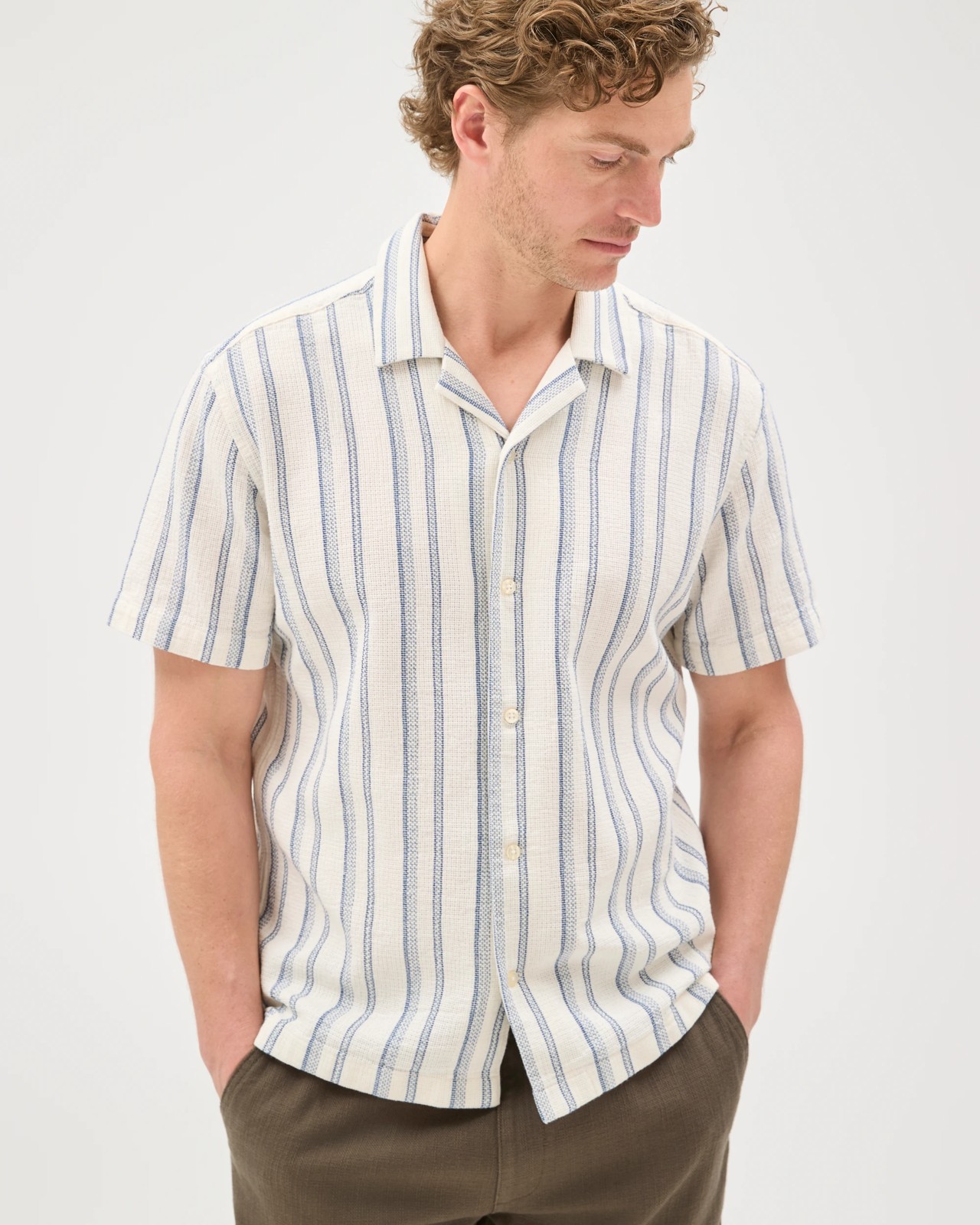 Australian Cotton Short Sleeve Textured Stripe Shirt - Cobalt Blue 5 of 5