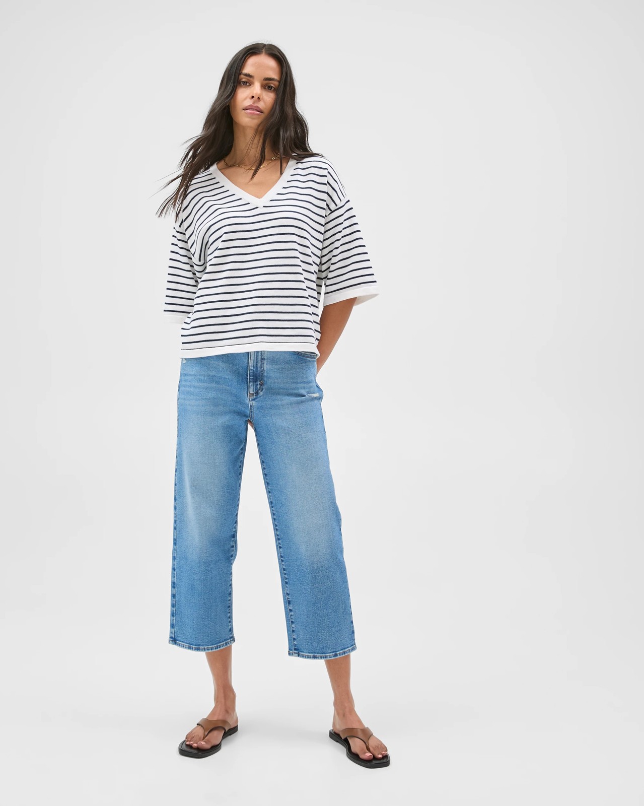 Australian Cotton Blend Boxy V-Neck Knitted T-Shirt - Ink Navy White Stripe 2 of 5