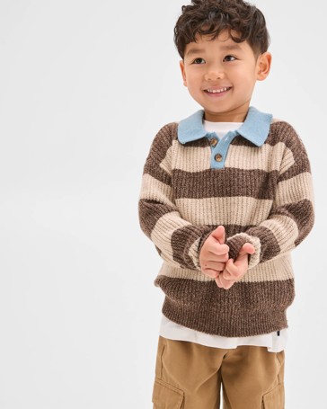 Long Sleeve Striped Knit Polo Top