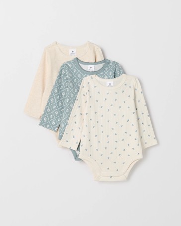 Baby Organic Cotton 3 Pack Long Sleeve Pointelle/Rib Bodysuit