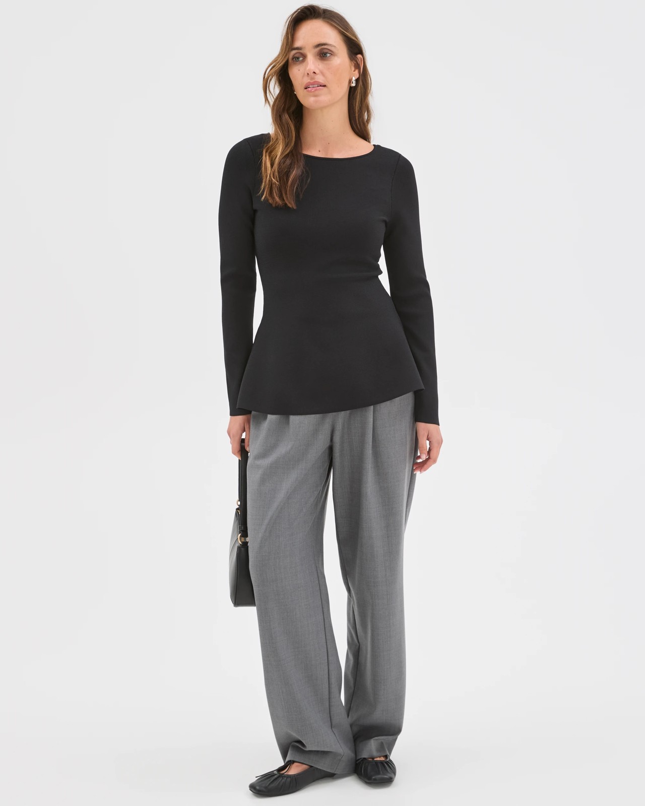Preview Long Sleeve Peplum Crepe Knit Top - Black 2 of 5