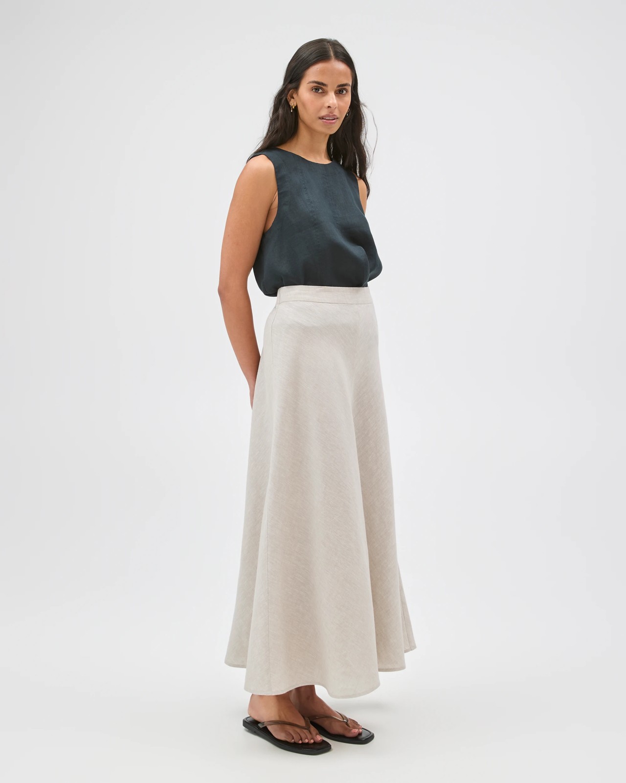 European Linen Seam Detail Midi Skirt - Flax 3 of 5