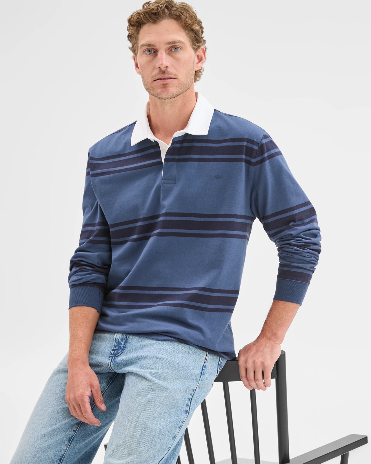 Australian Cotton Long Sleeve Rugby Polo Top - Denim Stripe 3 of 5