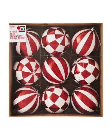 Anko 9 Pack 10cm Candy Cane Printed Baubles