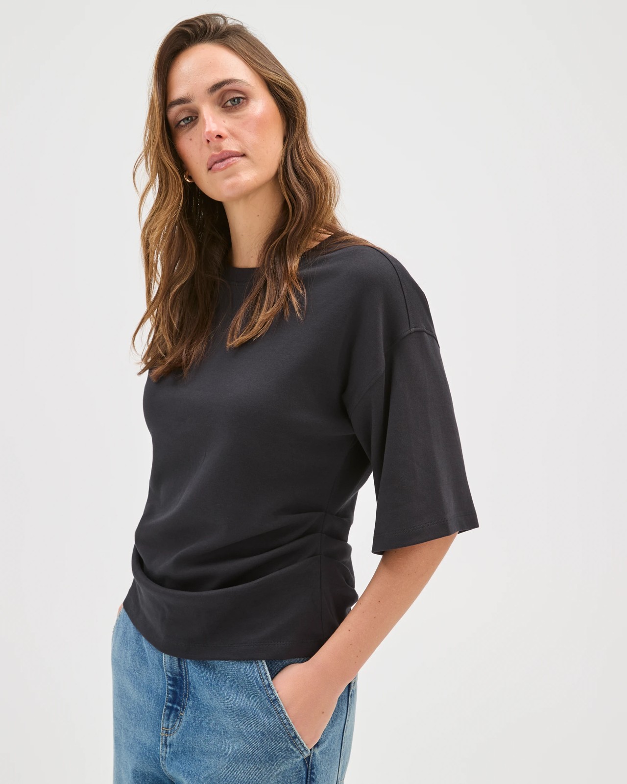 Australian Cotton Gathered Waist T-Shirt - Black 4 of 5