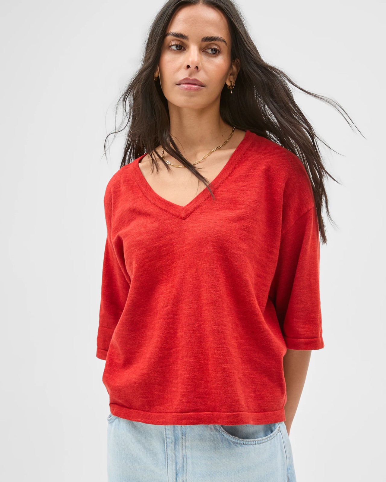 Australian Cotton Blend Boxy V-Neck Knitted T-Shirt - Warm Terracotta 4 of 5