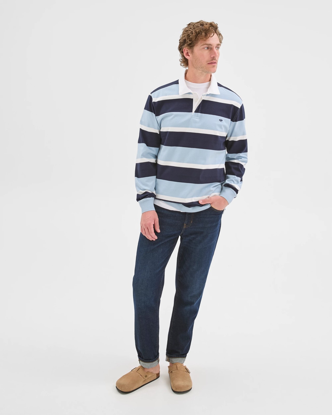 Australian Cotton Long Sleeve Rugby Polo Top - Blue / Stripe 2 of 5