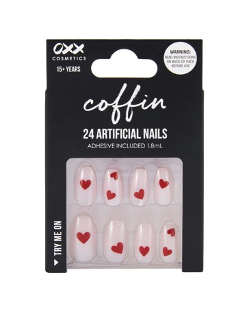 OXX Cosmetics 24 Pack Artificial Nails with Adhesive - Coffin Shape - Heart