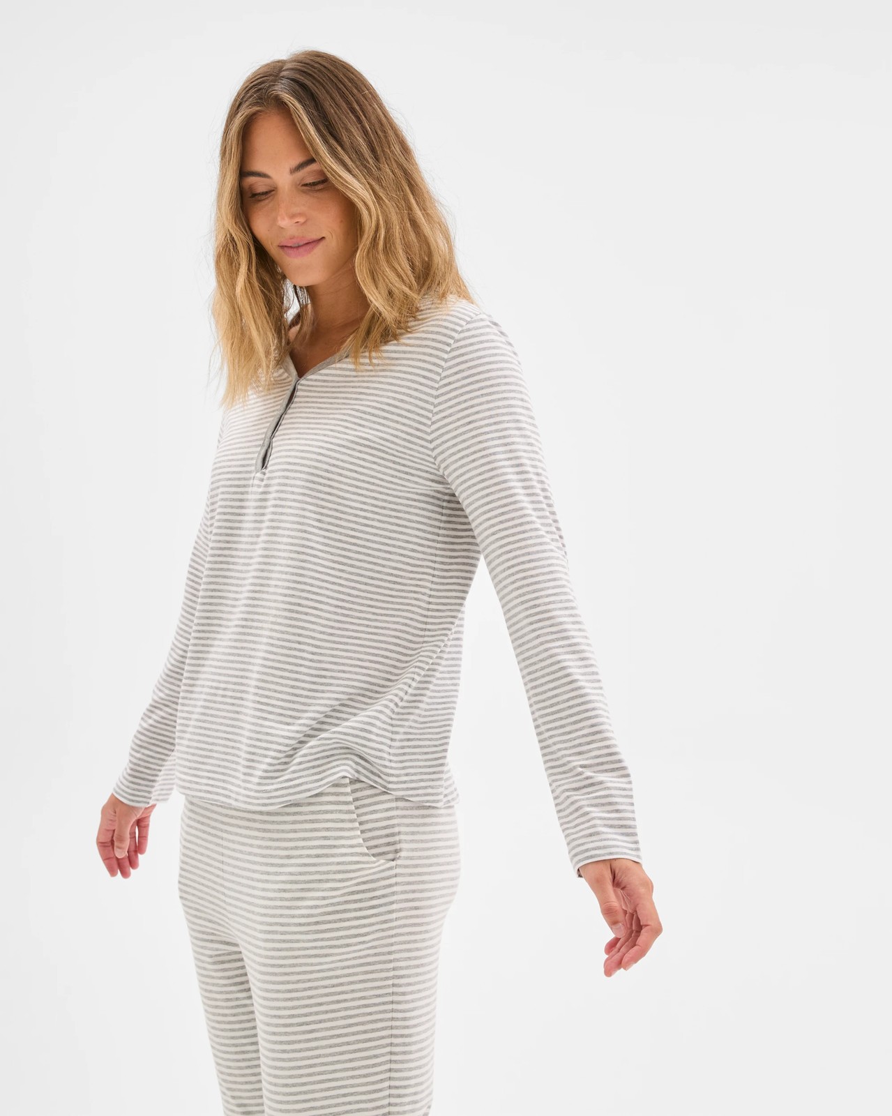 Australian Cotton Blend Long Sleeve Henley Stripe Sleep T-Shirt 4 of 5