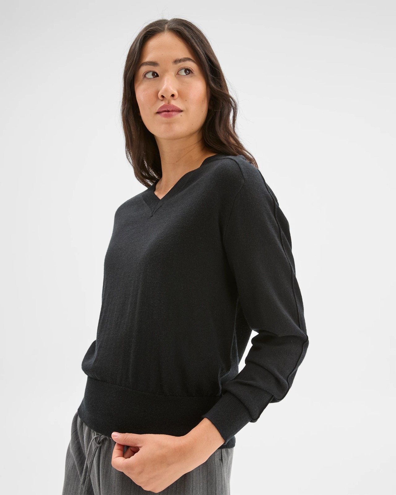Preview Australian Merino Wool Long Sleeve V-Neck Knit Top - Black 3 of 6