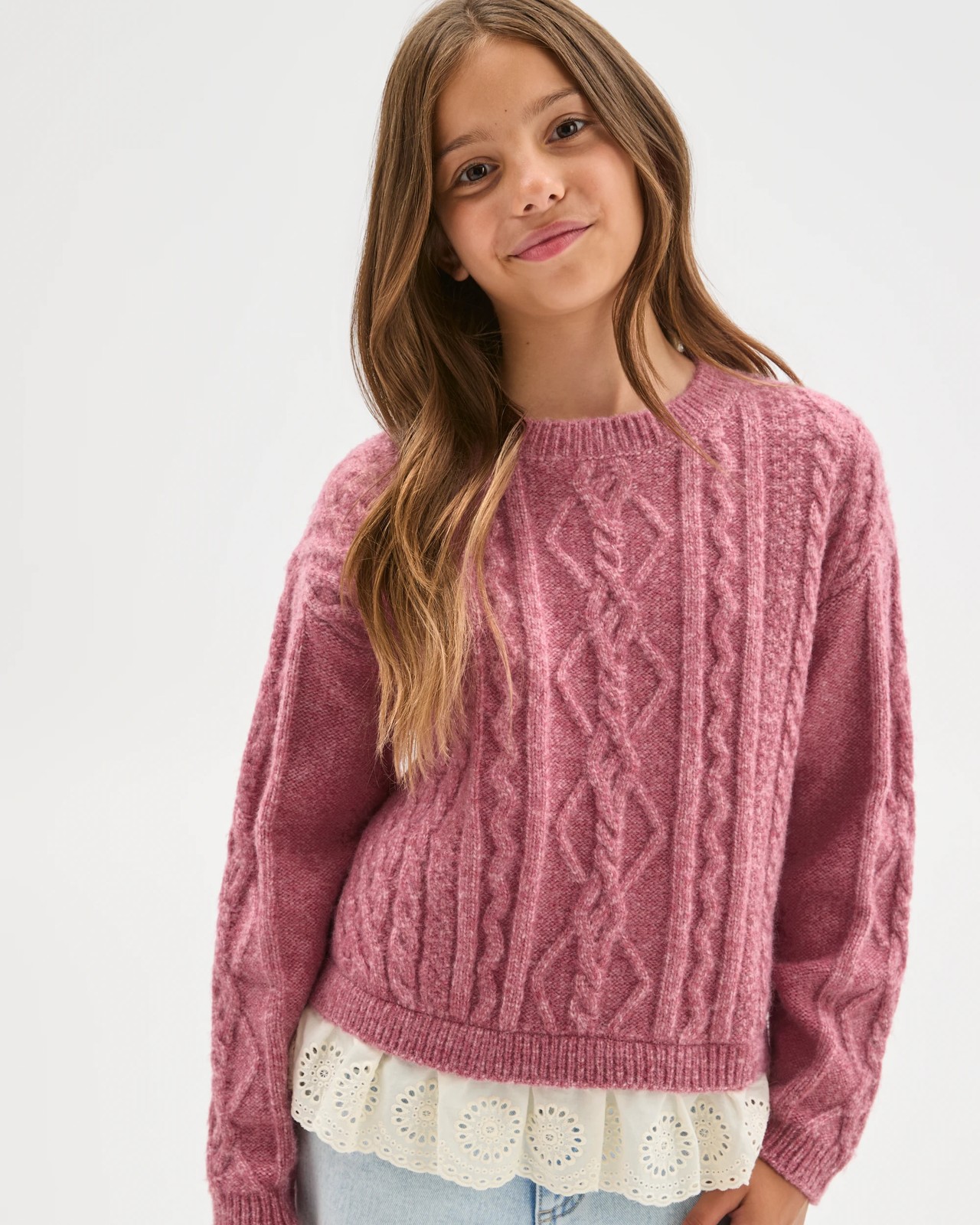 Cable Knit Lace Hem Sweater - Pink 2 of 5
