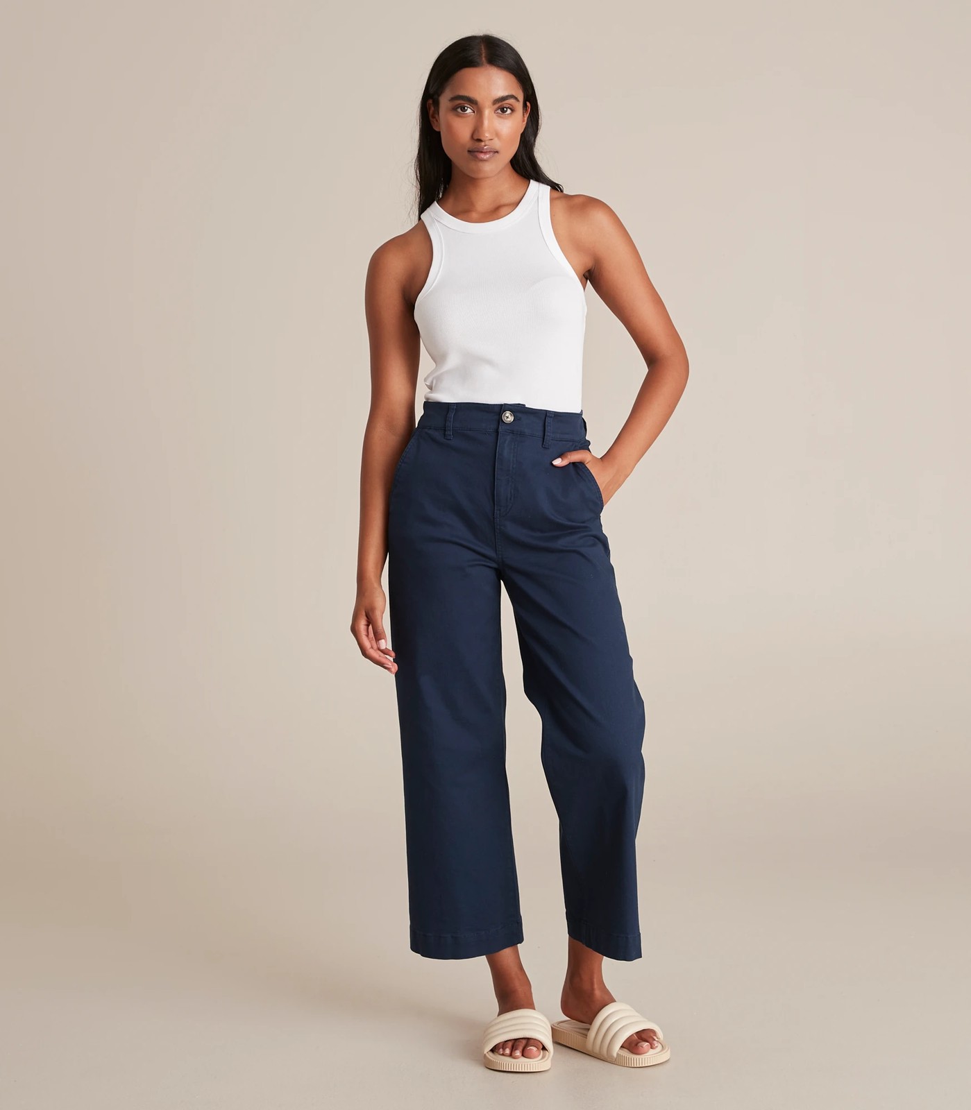 Twill Wide Leg Cropped Trousers, Blue