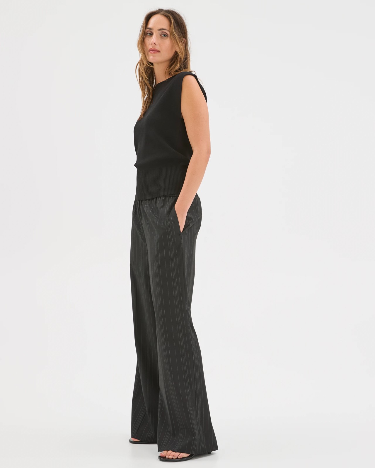Preview Elastic Waist Tailored Pants - Black Broken Stripe 4 of 5