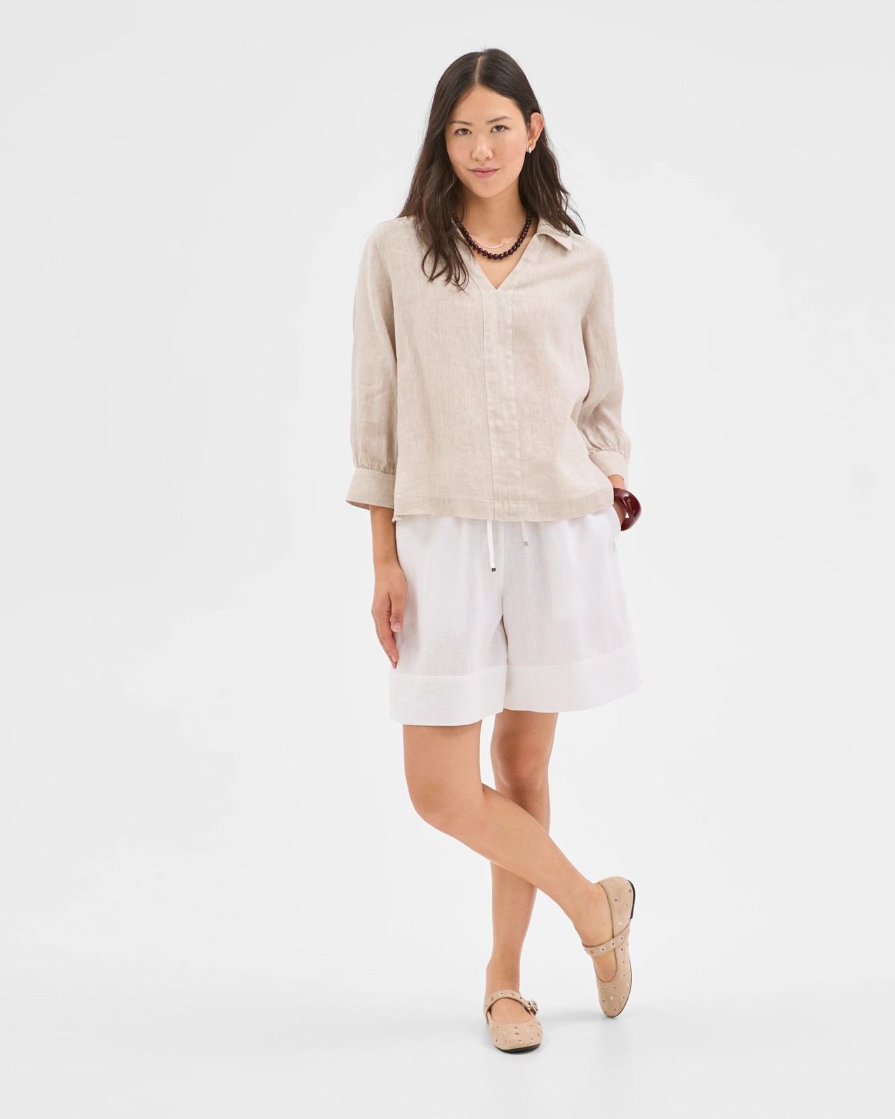 European Linen Long Sleeve Popover Top - Flax 4 of 6